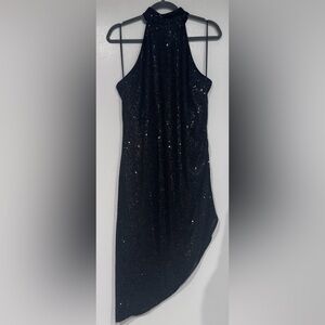 Lucy Paris Black Sequin Halter Asymmetric Dress L